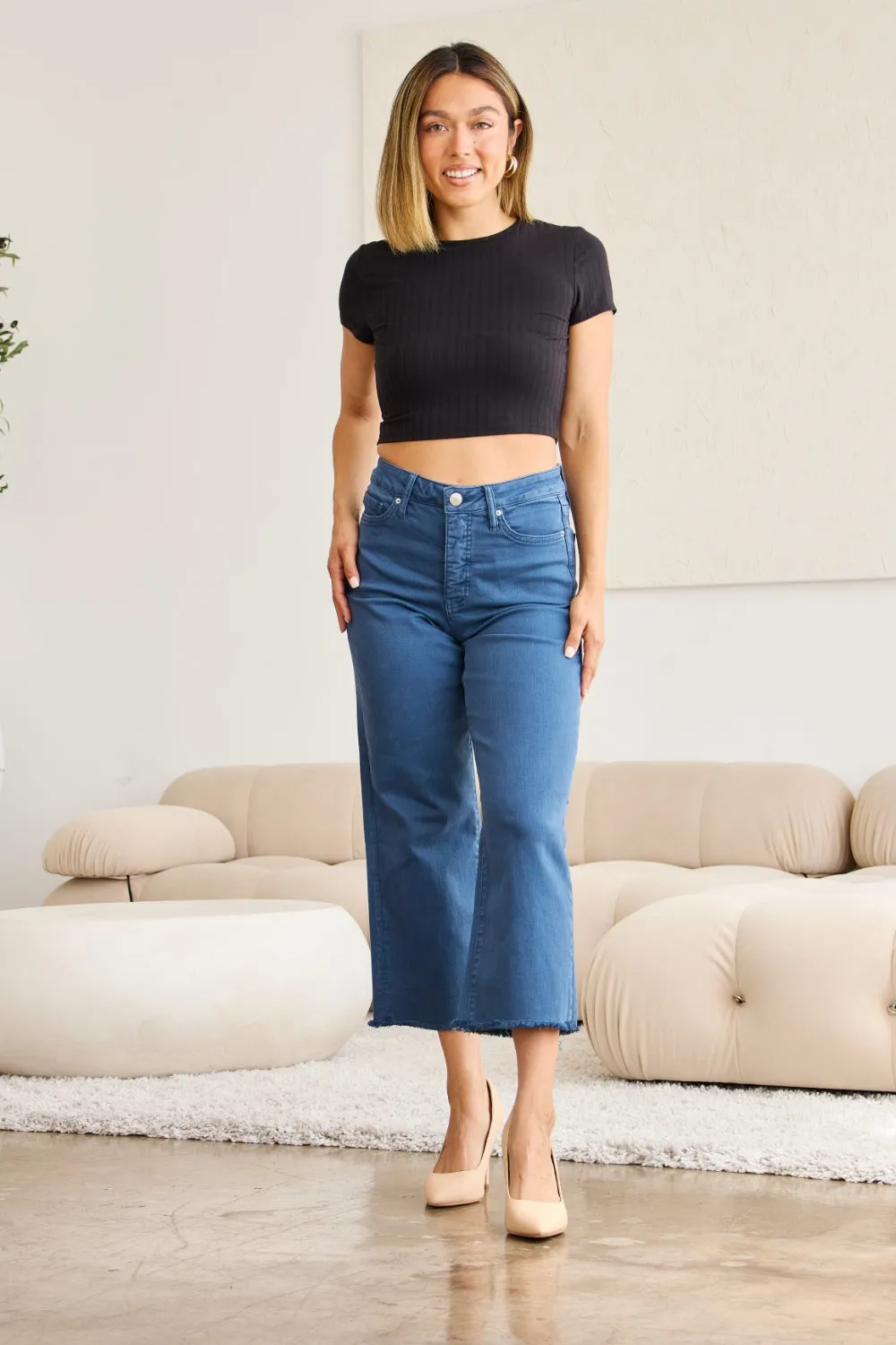 Tummy Control High Waist Raw Hem Jeans
