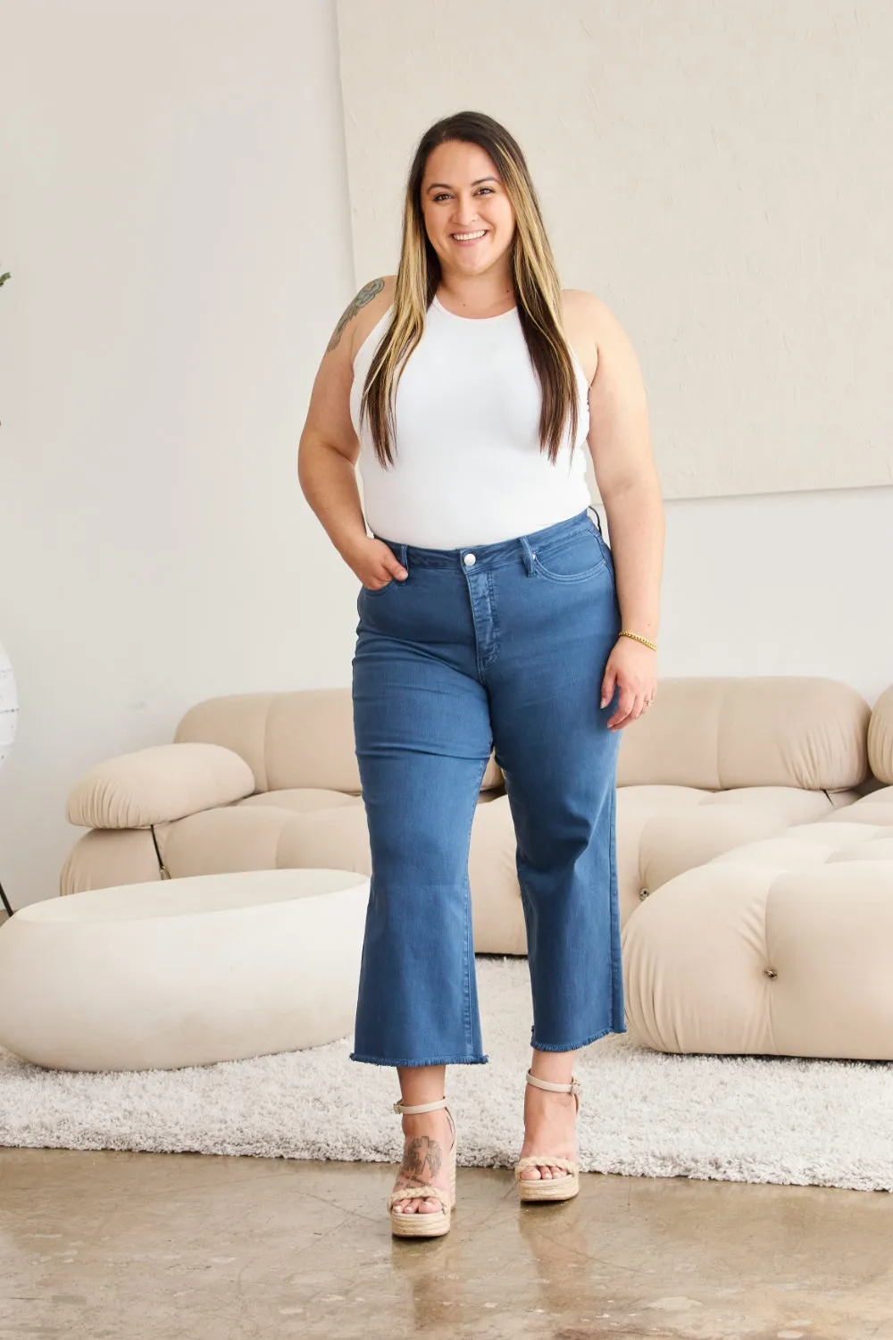 Tummy Control High Waist Raw Hem Jeans