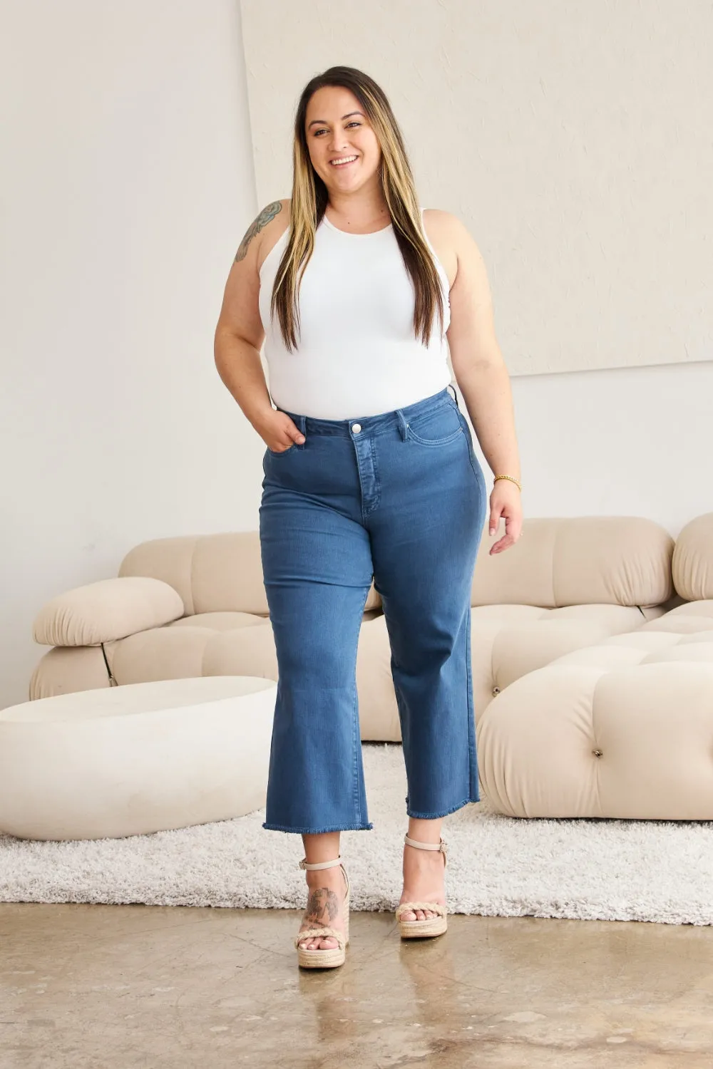 Tummy Control High Waist Raw Hem Jeans
