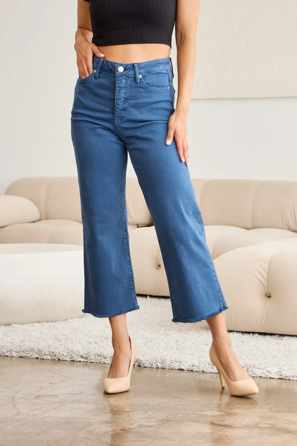 Tummy Control High Waist Raw Hem Jeans