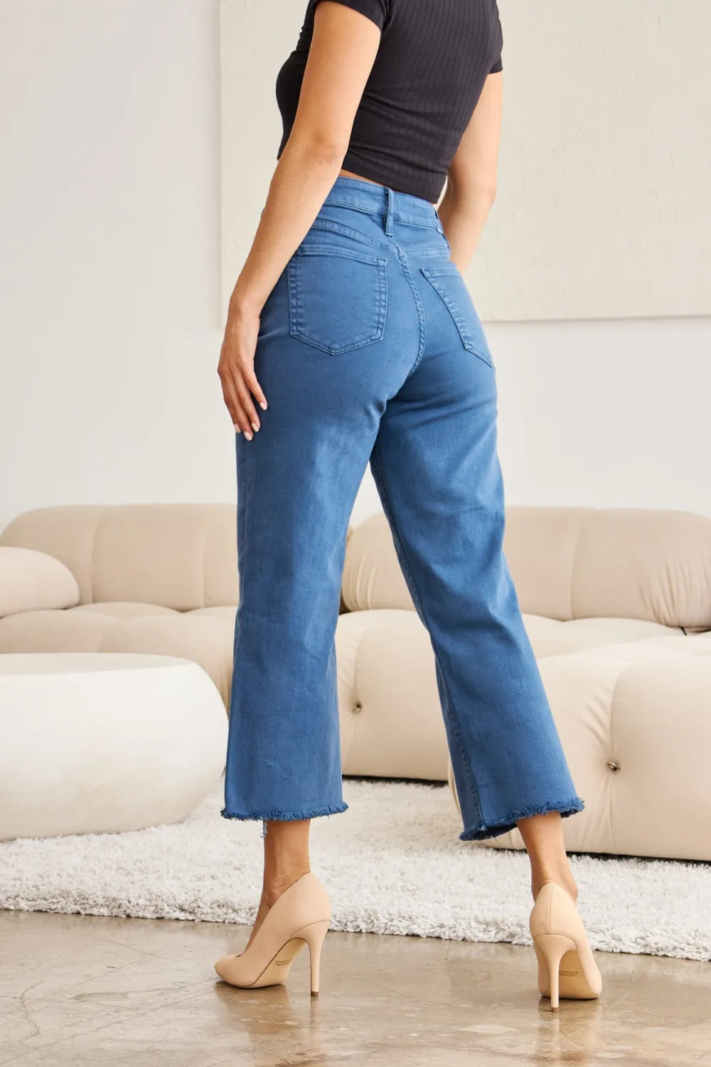 Tummy Control High Waist Raw Hem Jeans
