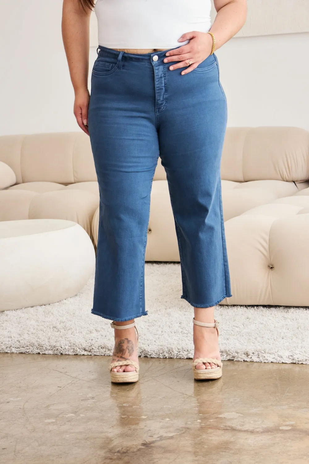 Tummy Control High Waist Raw Hem Jeans