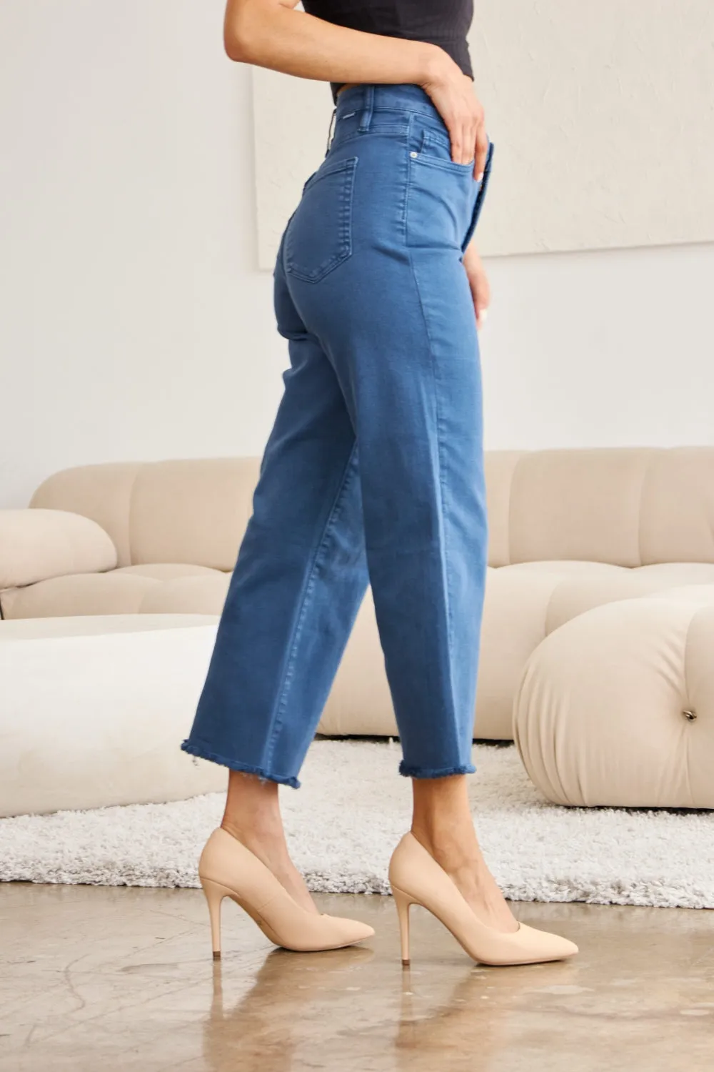 Tummy Control High Waist Raw Hem Jeans