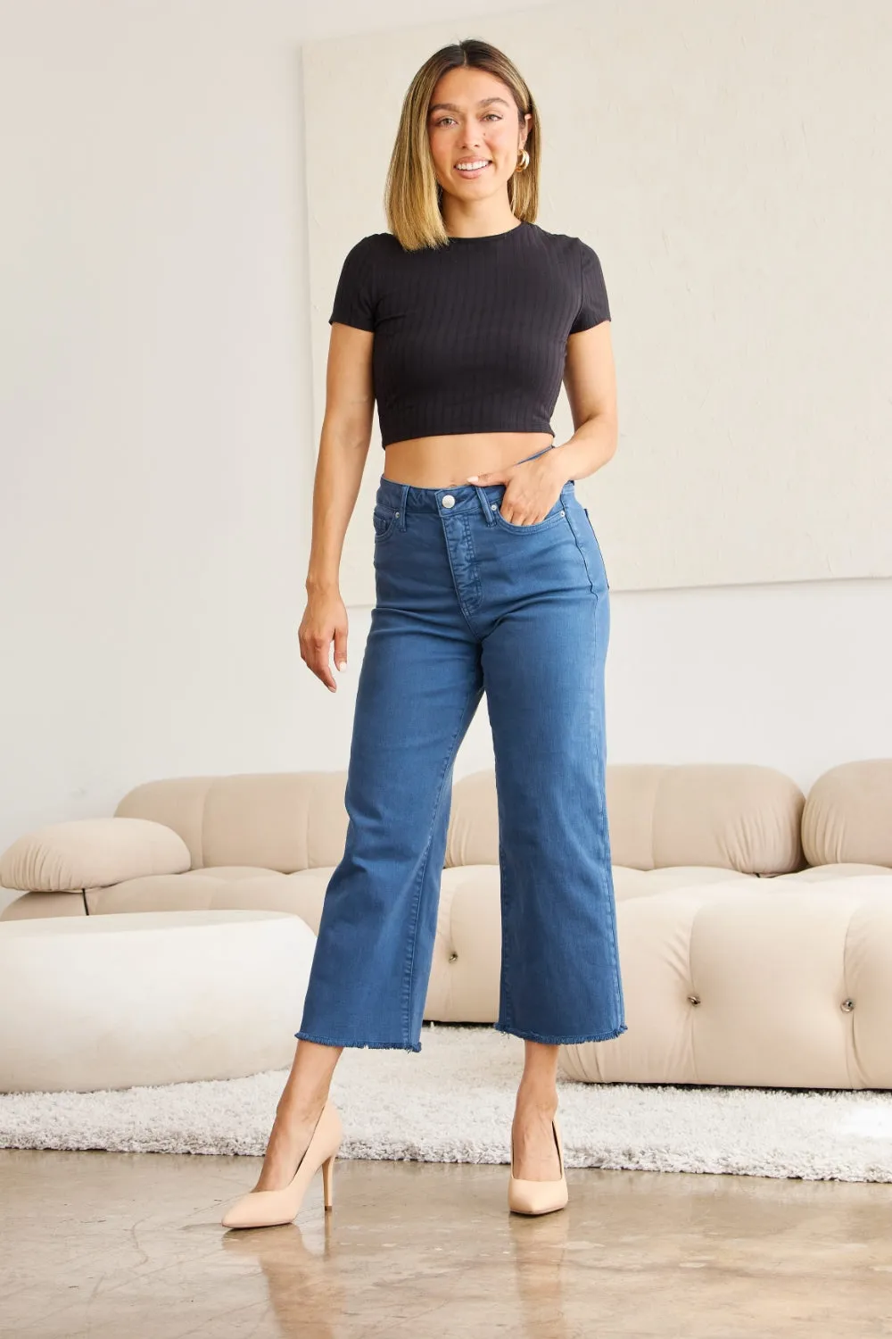 Tummy Control High Waist Raw Hem Jeans