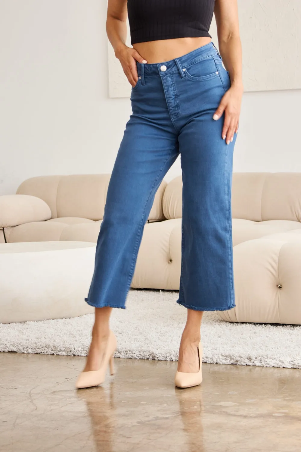 Tummy Control High Waist Raw Hem Jeans