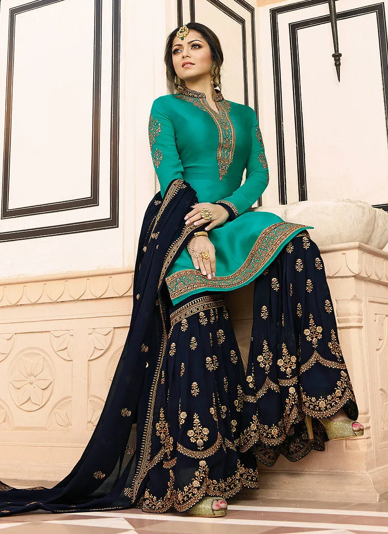 Turquoise And Blue Embroidered Pakistani Gharara Suit