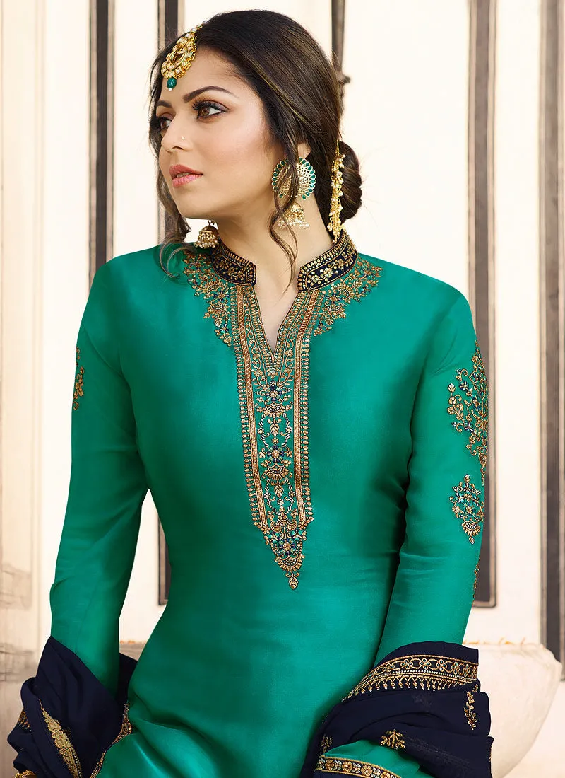 Turquoise And Blue Embroidered Pakistani Gharara Suit