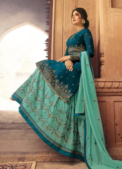 Turquoise And Green Designer Lehenga/Palazzo Suit