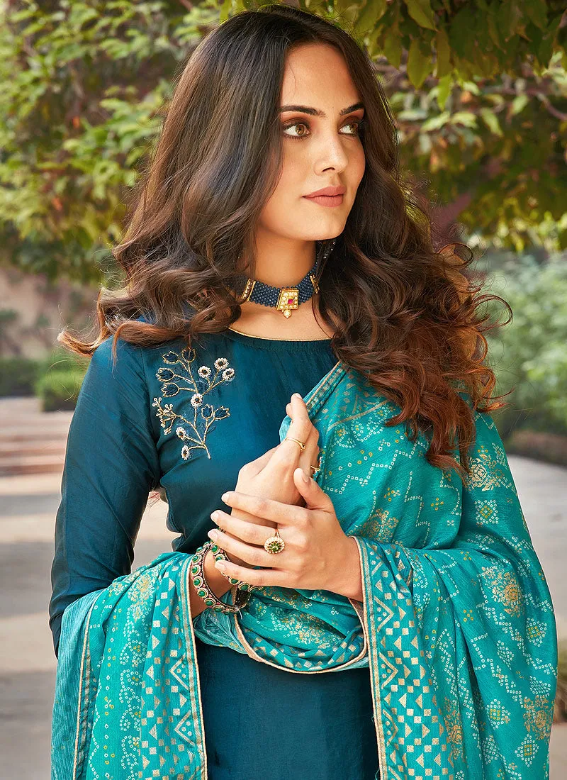 Turquoise Blue Embroidered Pakistani Palazzo Suit