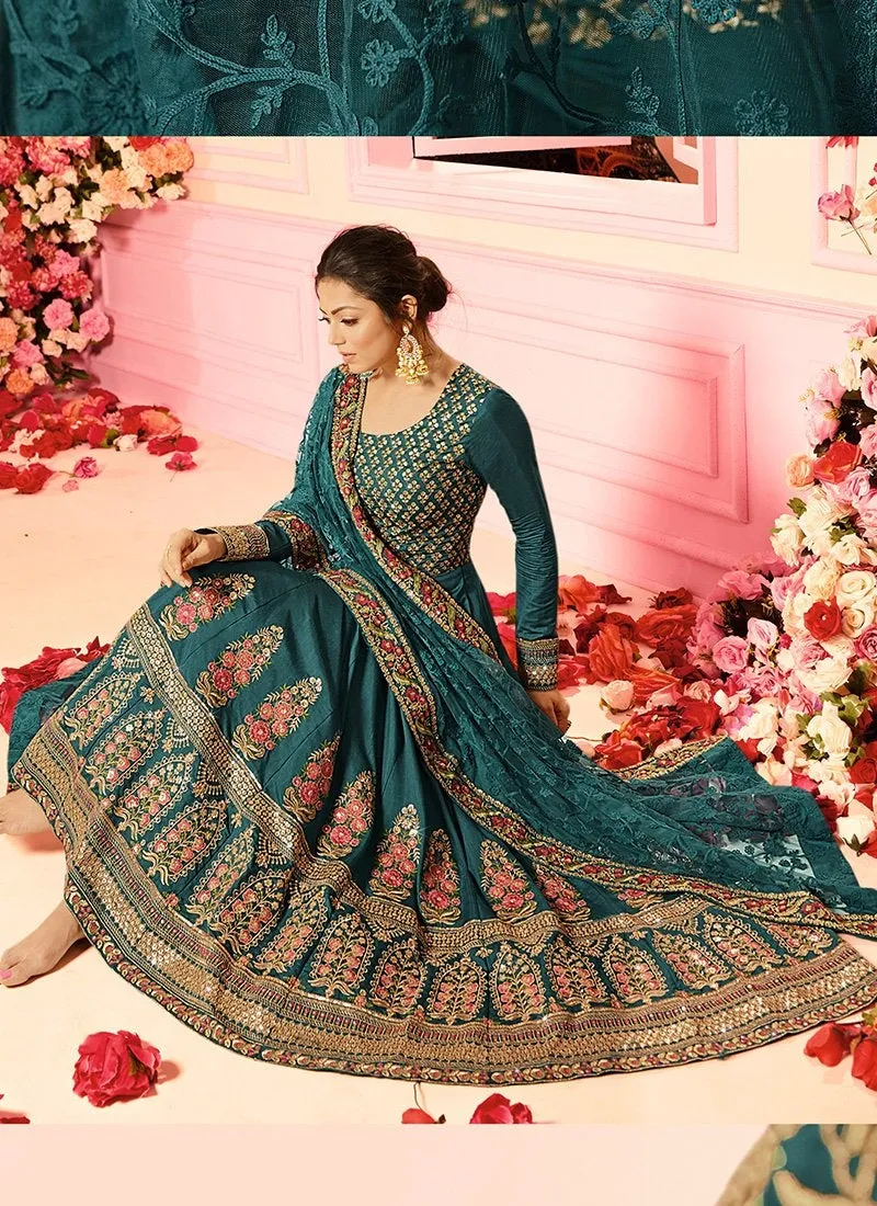 Turquoise Blue With Traditional Embroidered Detail Designer Kalidar Anarkali Suit