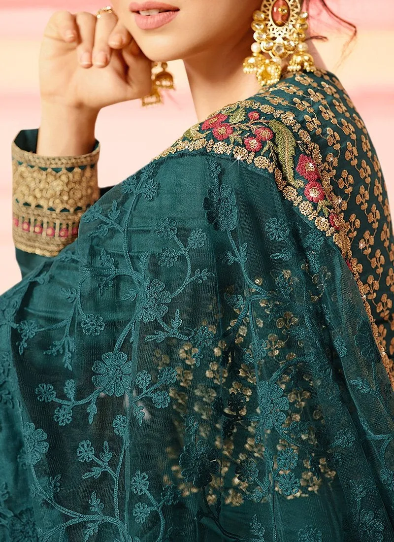 Turquoise Blue With Traditional Embroidered Detail Designer Kalidar Anarkali Suit