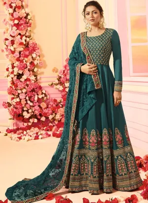 Turquoise Blue With Traditional Embroidered Detail Designer Kalidar Anarkali Suit