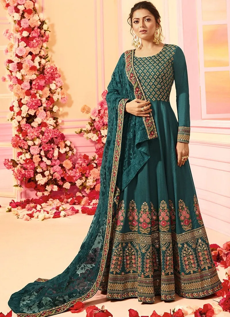 Turquoise Blue With Traditional Embroidered Detail Designer Kalidar Anarkali Suit