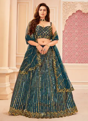 Turquoise Golden Sequence Embroidered Lehenga Choli