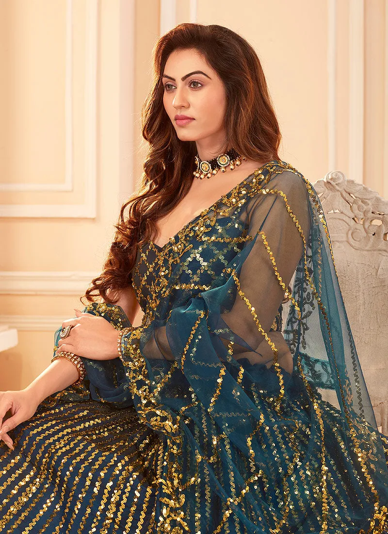 Turquoise Golden Sequence Embroidered Lehenga Choli