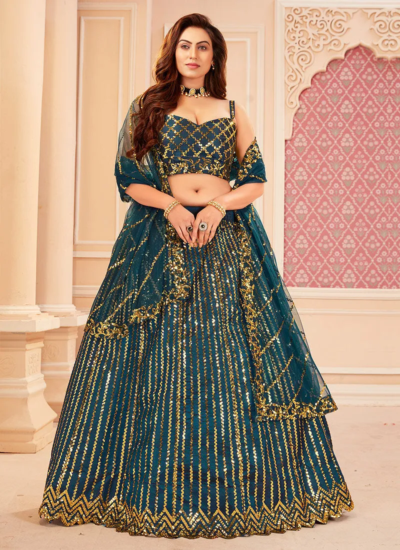 Turquoise Golden Sequence Embroidered Lehenga Choli