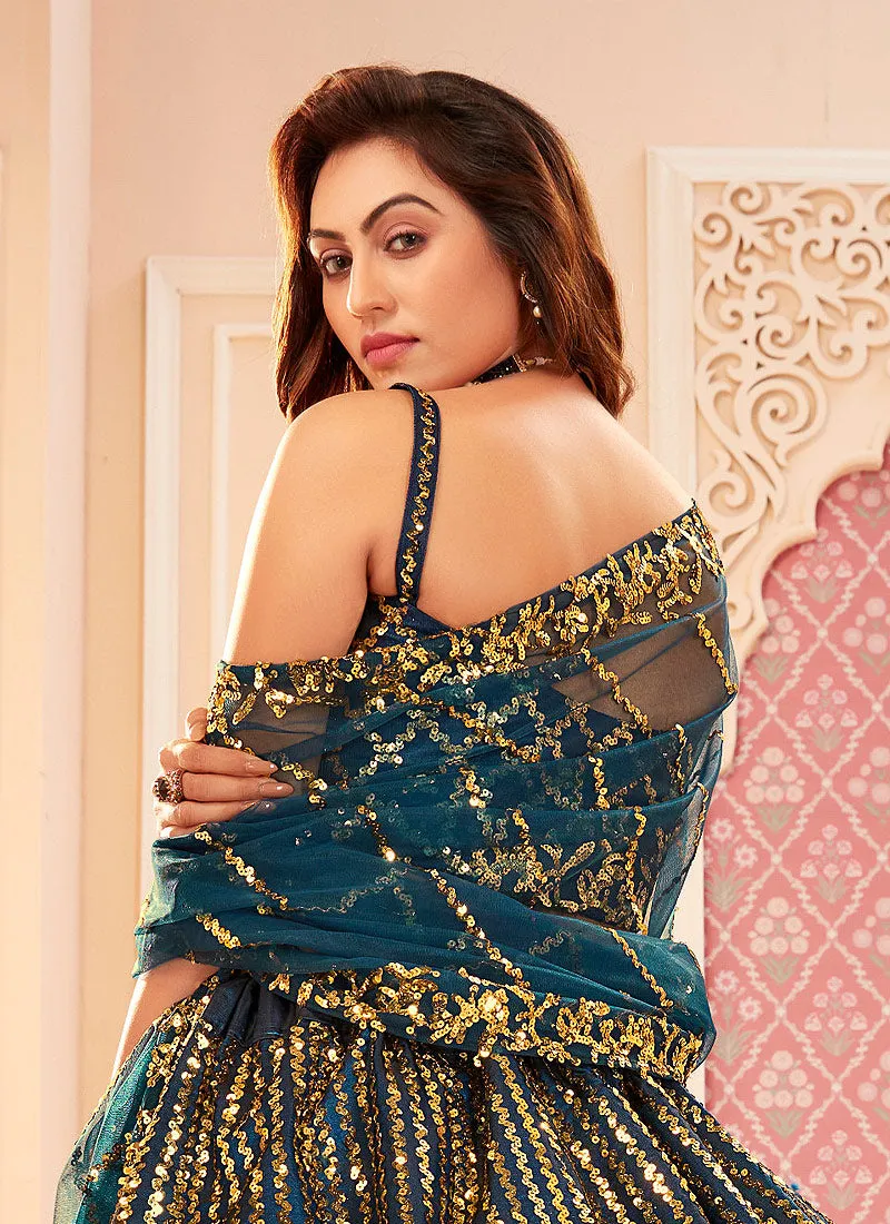 Turquoise Golden Sequence Embroidered Lehenga Choli