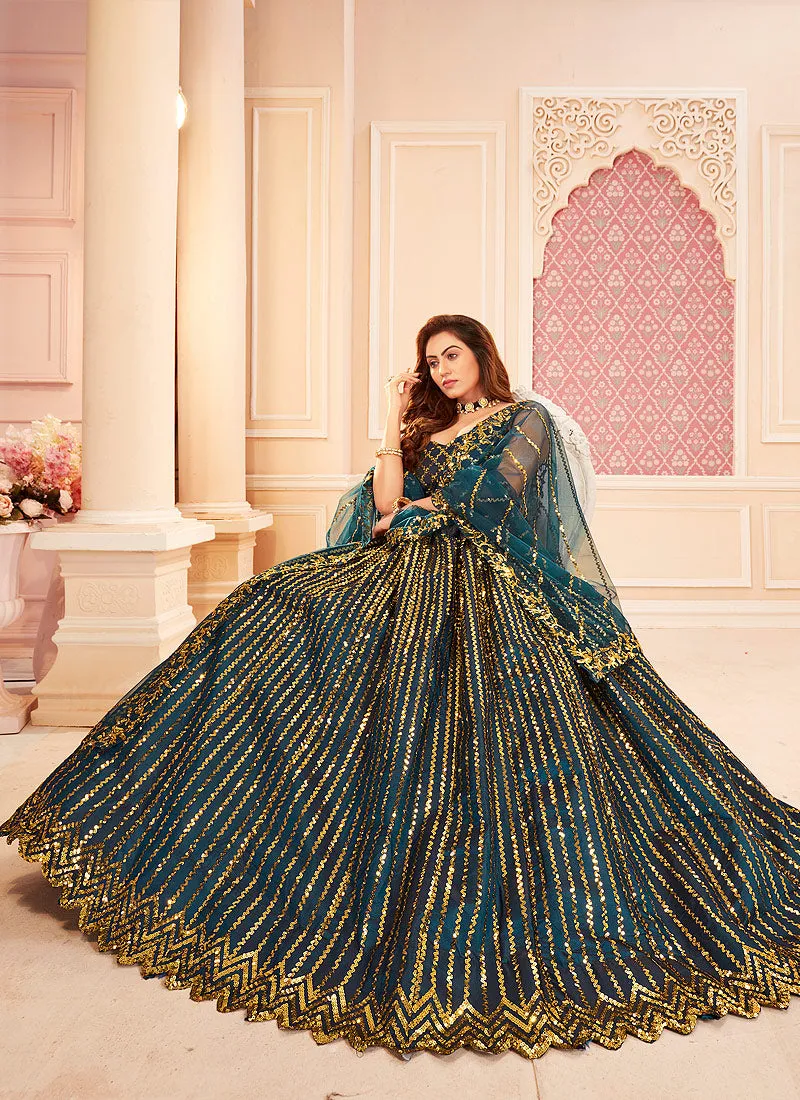 Turquoise Golden Sequence Embroidered Lehenga Choli