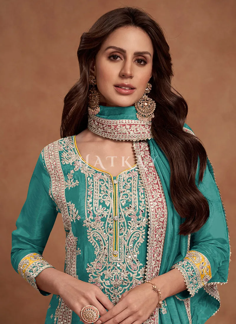 Turquoise Multi Embroidered Wedding Palazzo Suit