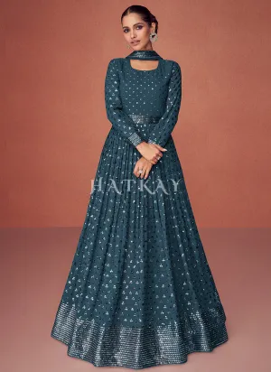 Turquoise Sequence Embroidered Festive Anarkali Suit