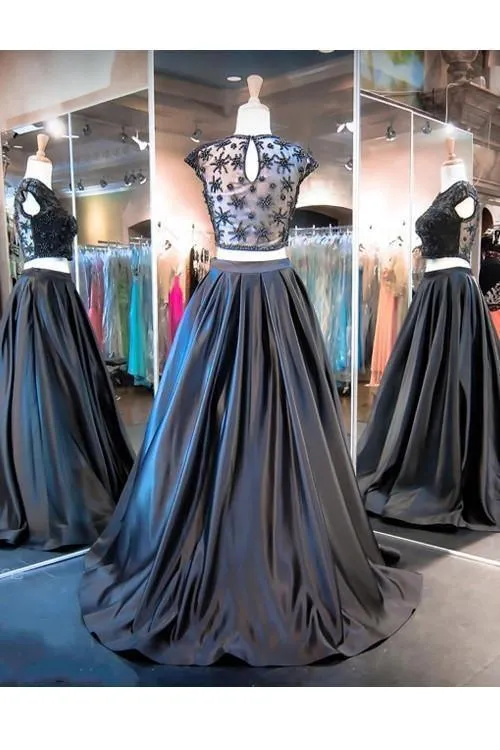 Two Piece A-line Black Cap Sleeve Prom Dresses Evening Dresses PG291