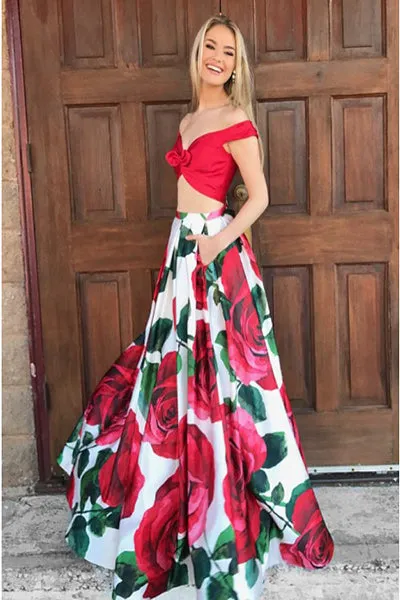 Two Piece Off-the-Shoulder Floor-Length Floral Prom Dress with Pockets D008