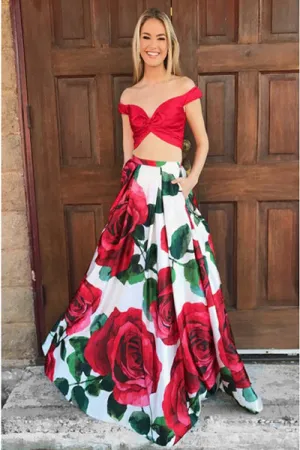 Two Piece Off-the-Shoulder Floor-Length Floral Prom Dress with Pockets D008