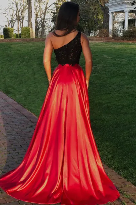 Two Piece One-Shoulder Lace Bodice Sweep Train Red Prom Dress with Split OHC037