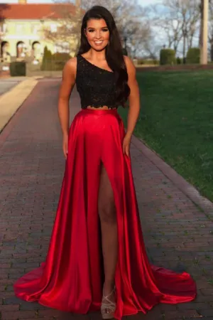 Two Piece One-Shoulder Lace Bodice Sweep Train Red Prom Dress with Split OHC037