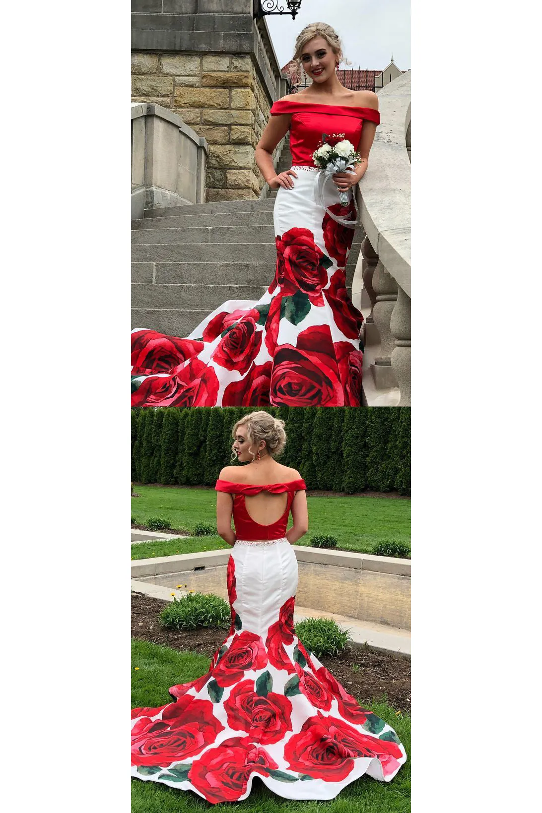 Two Piece Prom Dresses Mermaid Floral Print Long Sleeveless Satin Prom Dress OHC201
