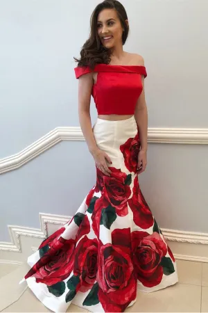 Two Piece Prom Dresses Mermaid Floral Print Long Sleeveless Satin Prom Dress OHC201