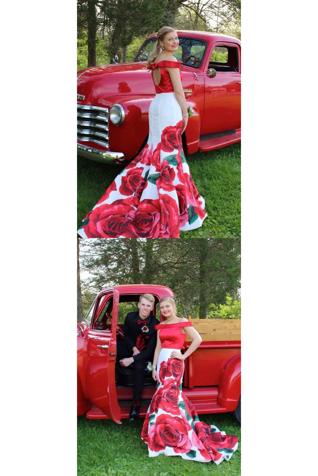 Two Piece Prom Dresses Mermaid Floral Print Long Sleeveless Satin Prom Dress OHC201