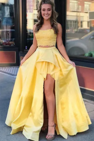 Two Piece Prom Dresses Spaghetti Straps Evening Dresses Appliques OHC157