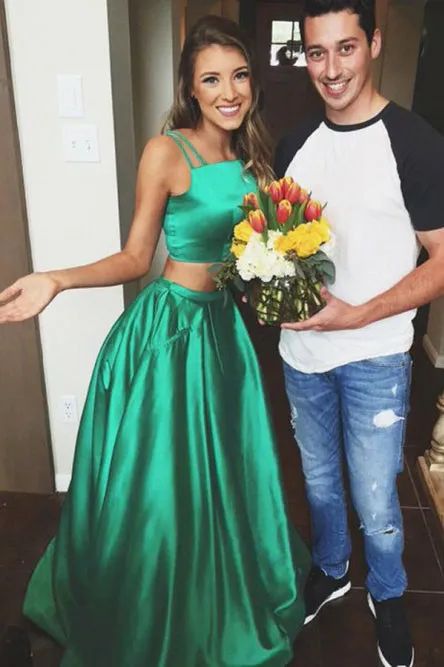 Two Piece Straps Sweep Train Hunter Satin Sleeveless Prom Dress with Pockets OHC038