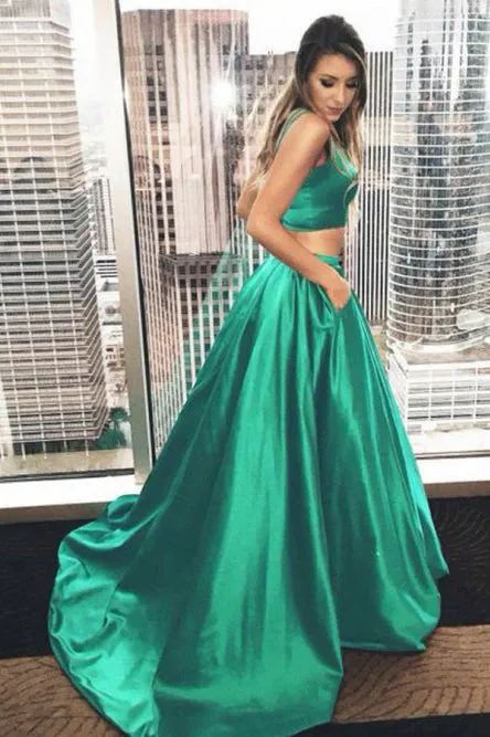 Two Piece Straps Sweep Train Hunter Satin Sleeveless Prom Dress with Pockets OHC038