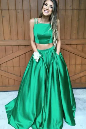 Two Piece Straps Sweep Train Hunter Satin Sleeveless Prom Dress with Pockets OHC038
