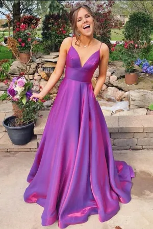 Unique A Line Grape Spaghetti Straps Sweep Train Sleeveless Long Satin Prom Dress Evening Dress OHC309