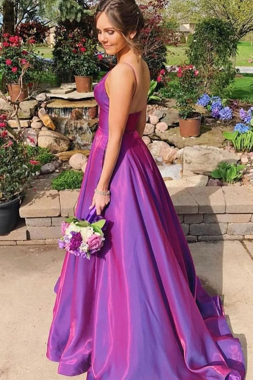 Unique A Line Grape Spaghetti Straps Sweep Train Sleeveless Long Satin Prom Dress Evening Dress OHC309