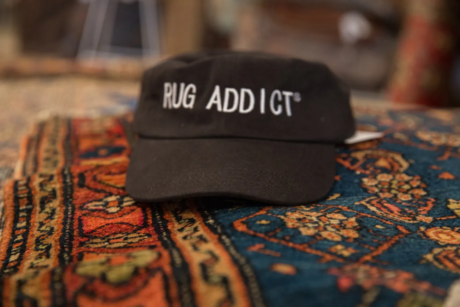 Unisex Black Block Letter Rug Addict Embroidered Hat
