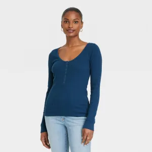 Universal Thread Women's Long Sleeve Henley Neck Pointelle Shirt