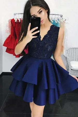 V-neck Sequin Lace Homecoming Dress with Tiered Skirt OHM038