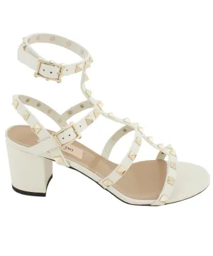 Valentino Rockstud City Leather Sandal | White with Gold Studs