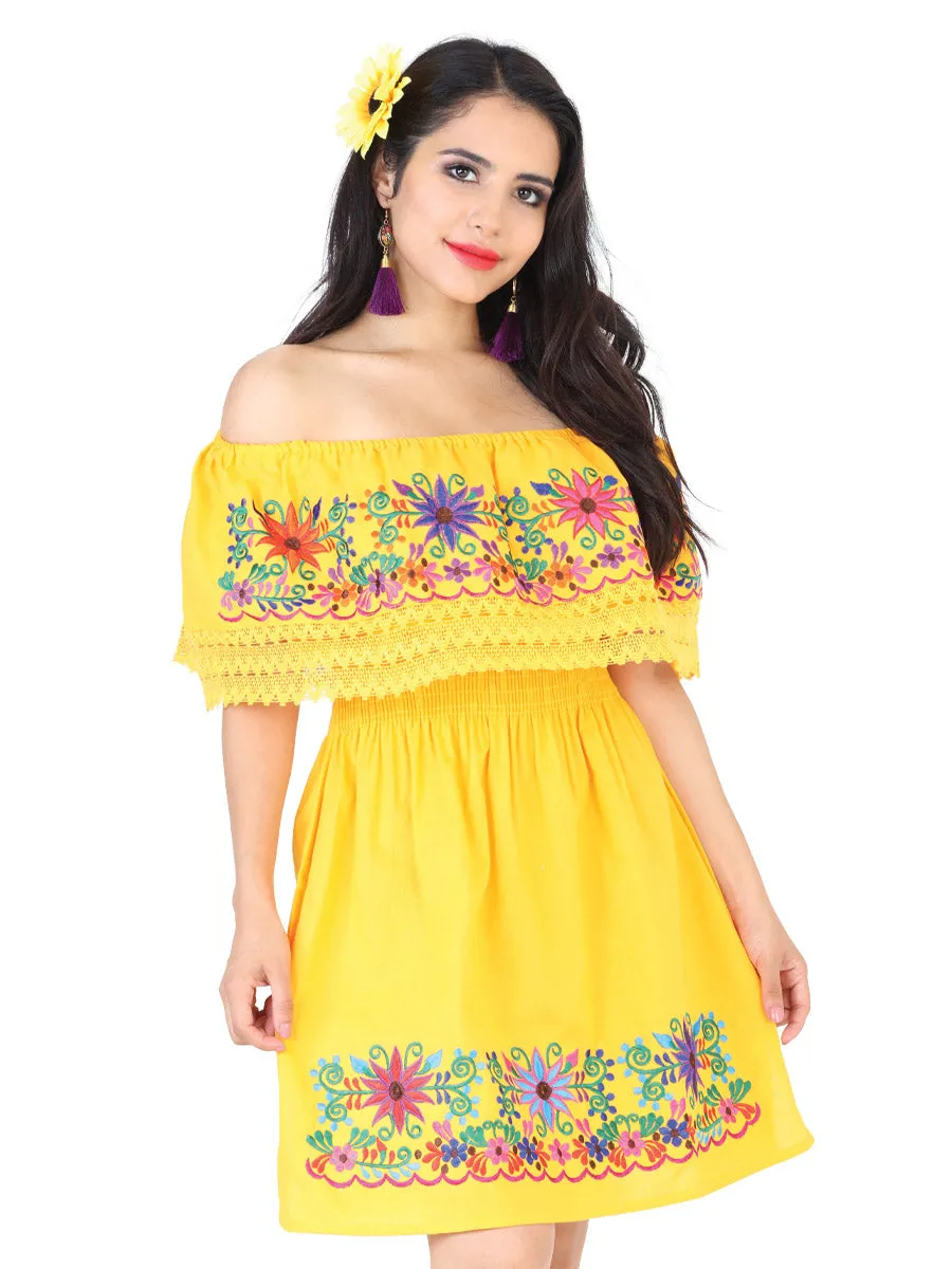 Vestido Artesanal de Olan Bordado de Flores para Mujer
