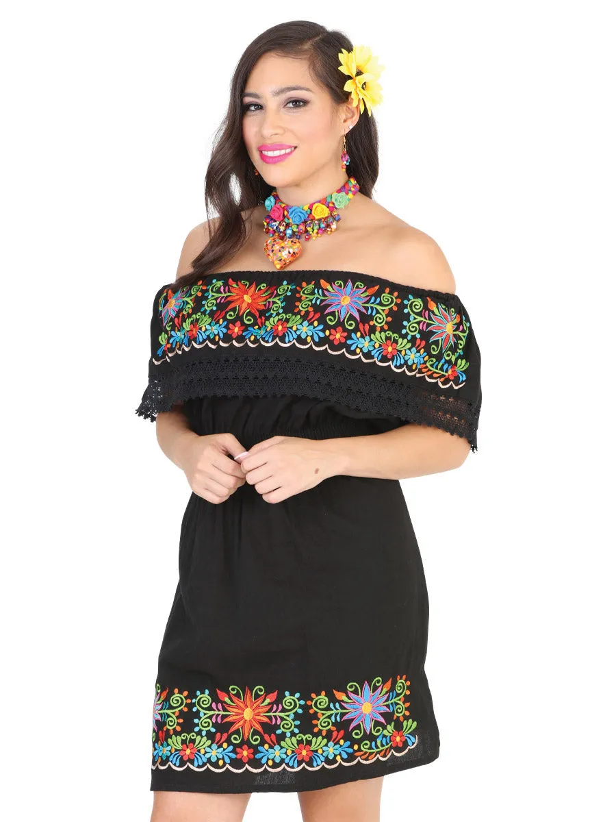 Vestido Artesanal de Olan Bordado de Flores para Mujer