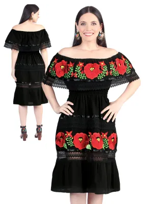 Vestido Artesanal de Olan Bordado de Flores para Mujer