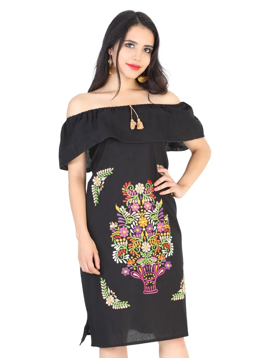 Vestido Artesanal de Olan Bordado de Flores para Mujer