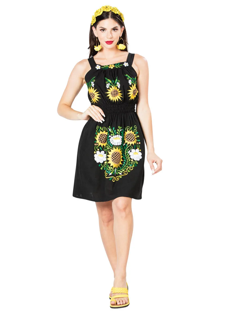 Vestido Artesanal de Tirantes Bordado de Girasoles para Mujer