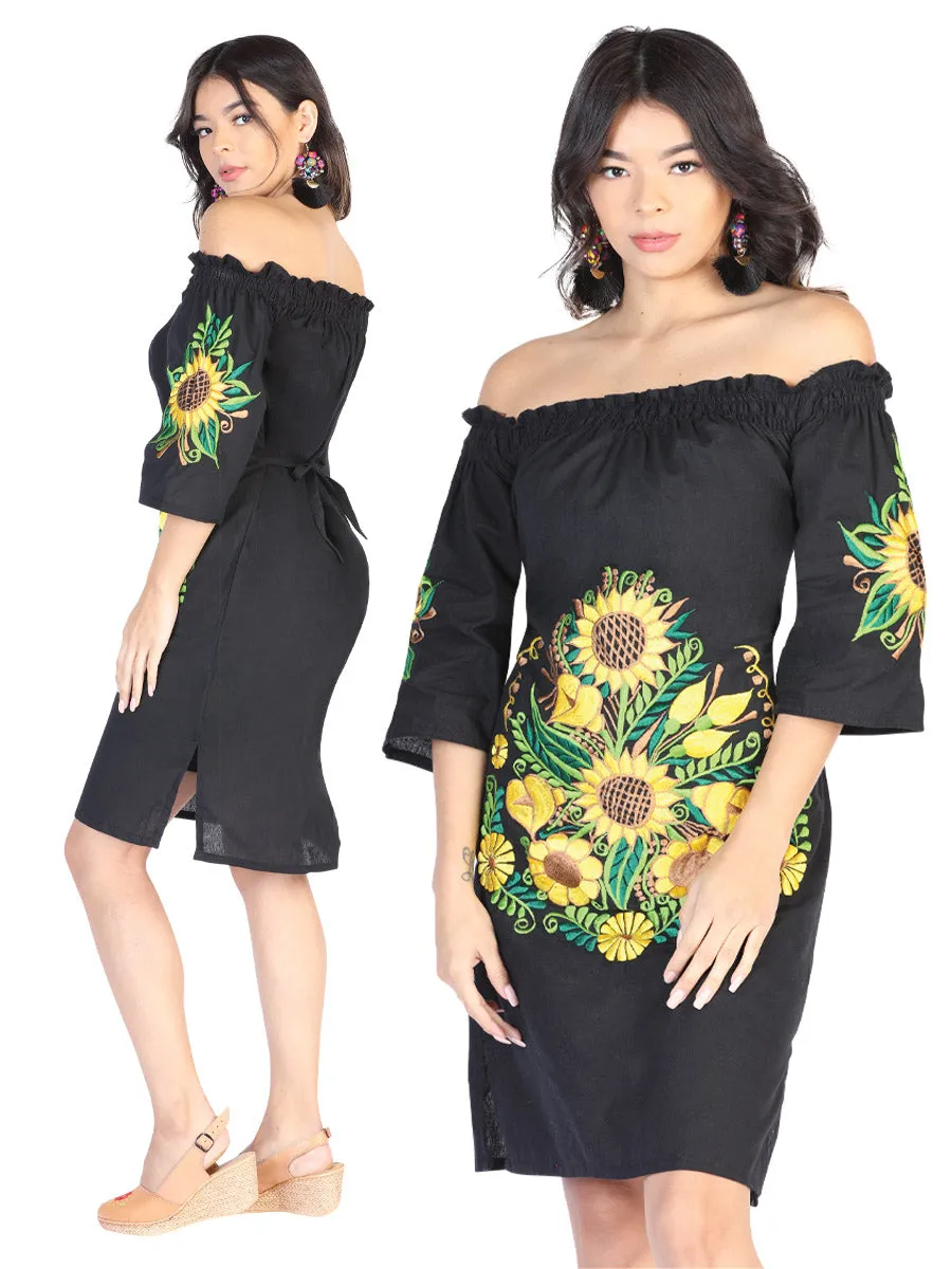 Vestido Artesanal Manga 3/4 Bordado de Girasoles para Mujer