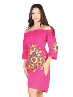 Vestido Artesanal Manga 3/4 Bordado de Girasoles para Mujer