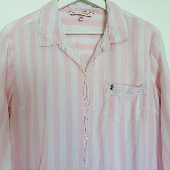 Victoria's Secret Women's Pink Striped Pajama Sleep Shirt Dress Nightgown | L